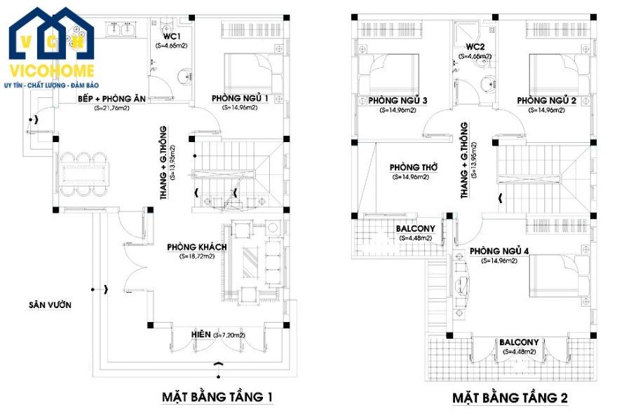 Bản vẽ thiết kế nhà 2 tầng 4 phòng ngủ 80m2 đẹp 2